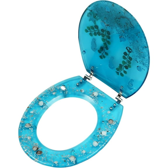 Resin Toilet Seat Transparent Toilet Cover with Stainless Steel Strong Hinges Funny Round Toilet Seat for U Type V Type (Blue Ocean)