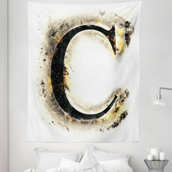Letter C Tapestry, Letter C Flaming Backdrop Combusted Alphabet Paper Effect Writing, Fabric Wall Hanging Decor for Bedroom Living Room Dorm, 5 Sizes, Tan Black Yellow, by Ambesonne