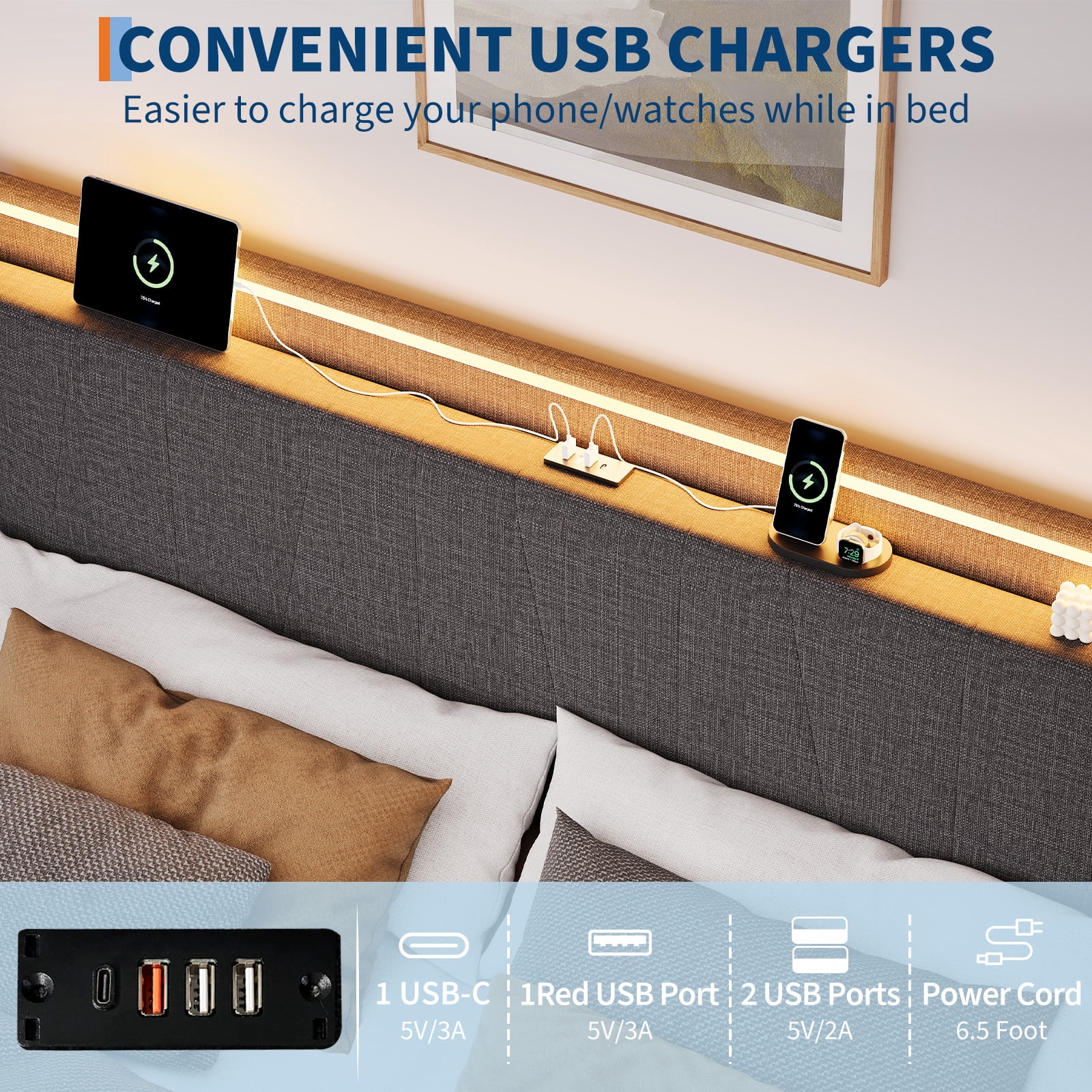 Full Size Bed Frame with LED Lights and Charging Station, Fabric Upholstered Platform Full Bed Frame with Headboard, No Box Spring Needed Bedframe, Noise Free, Easy Assembly, Gray