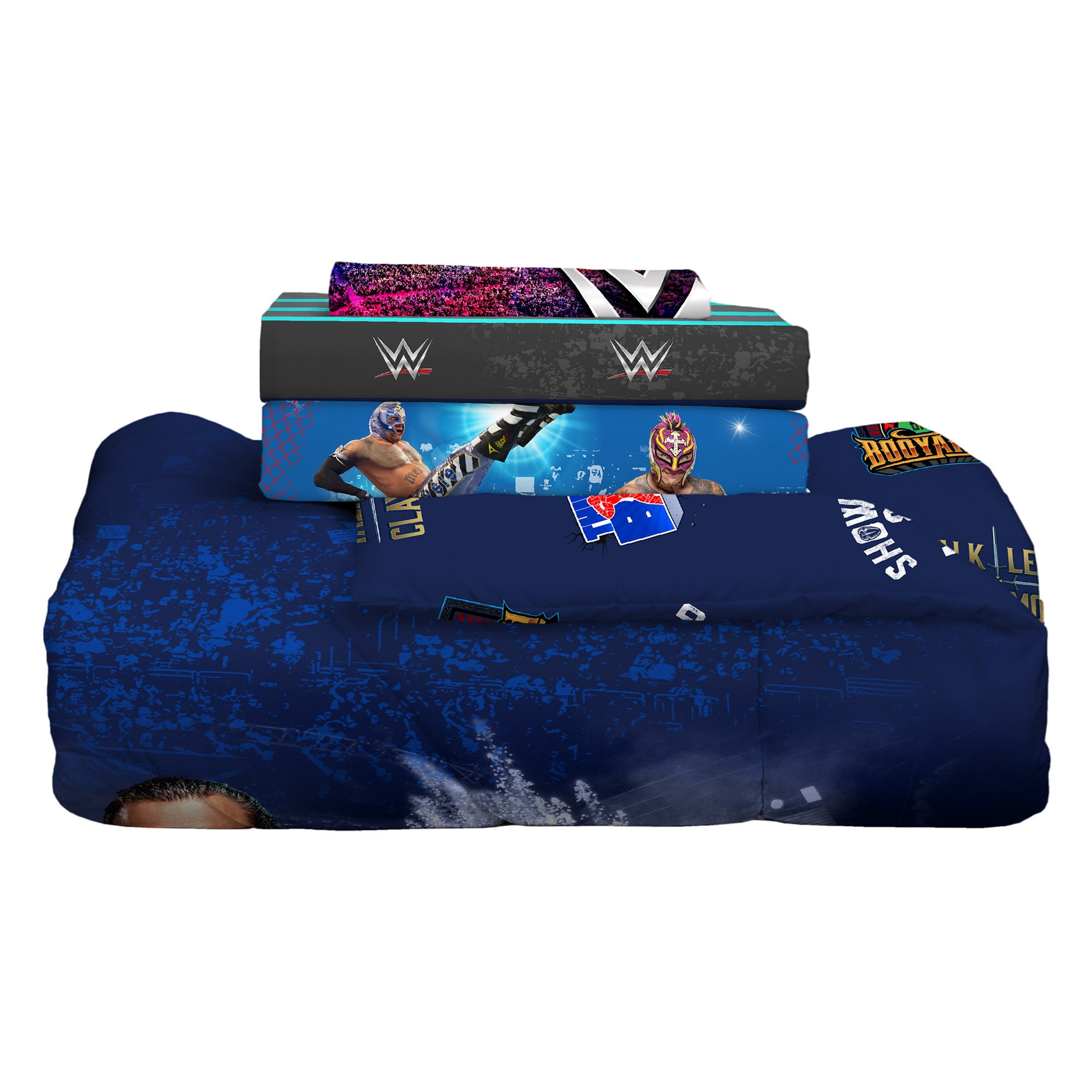 WWE Kids 4 Piece Blue Black Gray Reversible Comforter, Bed in a Bag, Twin