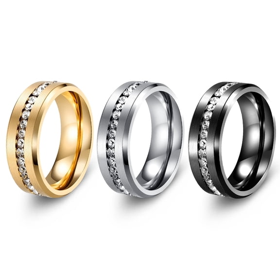 Stainless Steel Rings for Men, 3Pcs 8mm Width Wedding Ring, Gold Silver Black Ring Set, Zircon Band Simple Ring