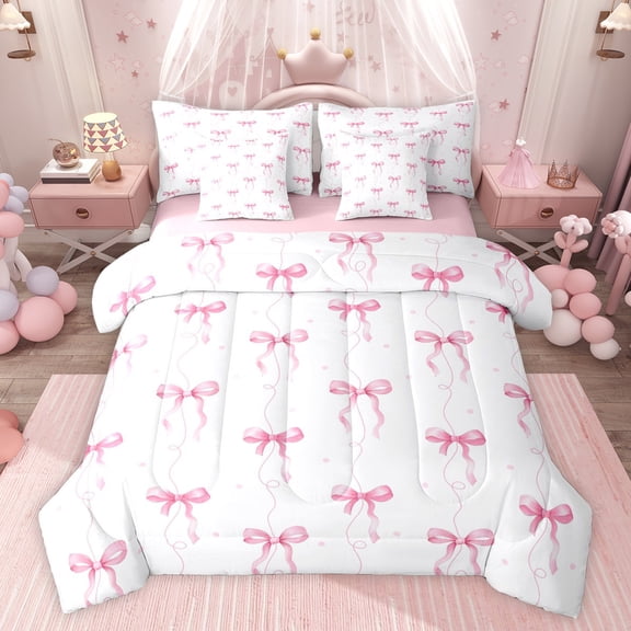 Castle Fairy Pink Ribbon Bow-Tie Twin Bedding Sets,Dreamy Bowknot Bedding Comforter Set