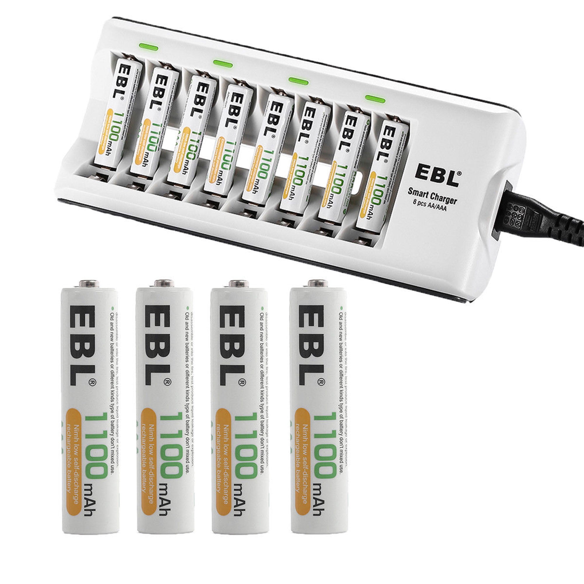 Cargador de baterías AAA y AA y de baterías recargables AAA Ni-MH 1100 mAh,  16 unidades con estuches para pilas de EBL
