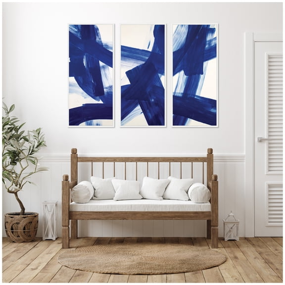 Kate and Laurel Cobalt Mark No. 1, No. 2, & No. 3 3 Piece Framed Canvas Wall Art Set by Amy Lighthall, Sylvie White Modern Contemporary, Abstract Art for Wall Decor