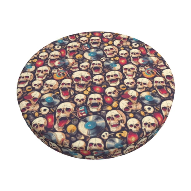 Balery rock record music Skull Fundas de asiento para taburete de bar redondo de tela de terciopelo ajustables que protegen de arañazos y manchas para sillas de 14 a 17 pulgadas.-14 inch