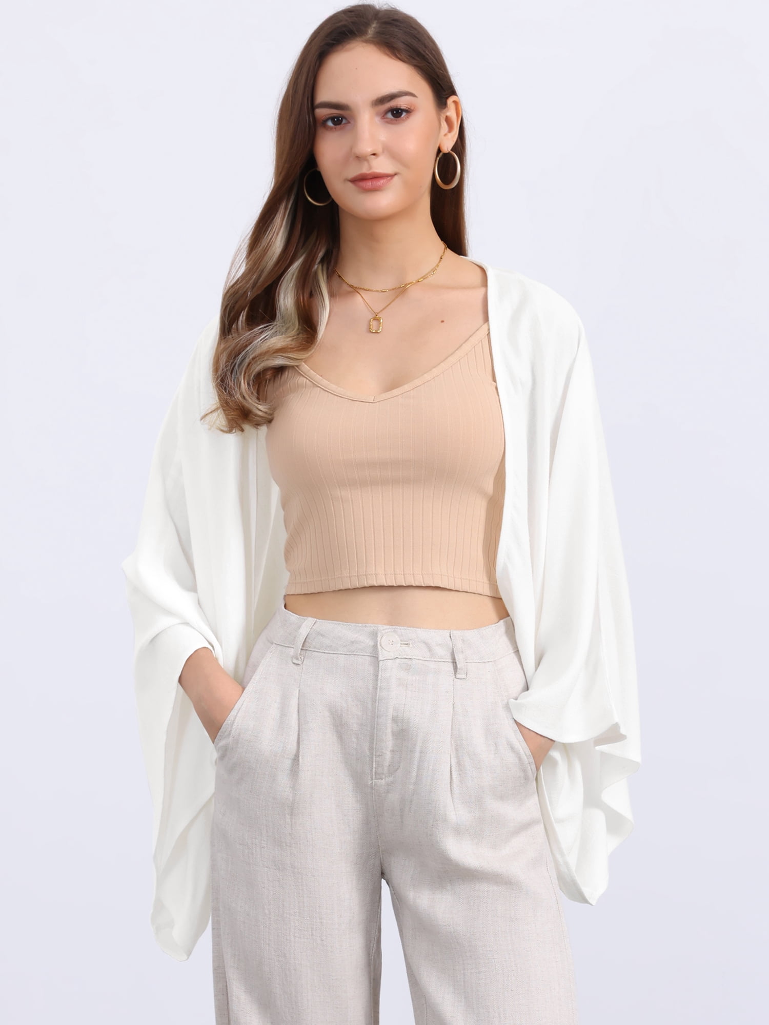 DARING DIVA Women's Linen Cardigan 3/4 Sleeve Open Front Lightweight Shrug S White
