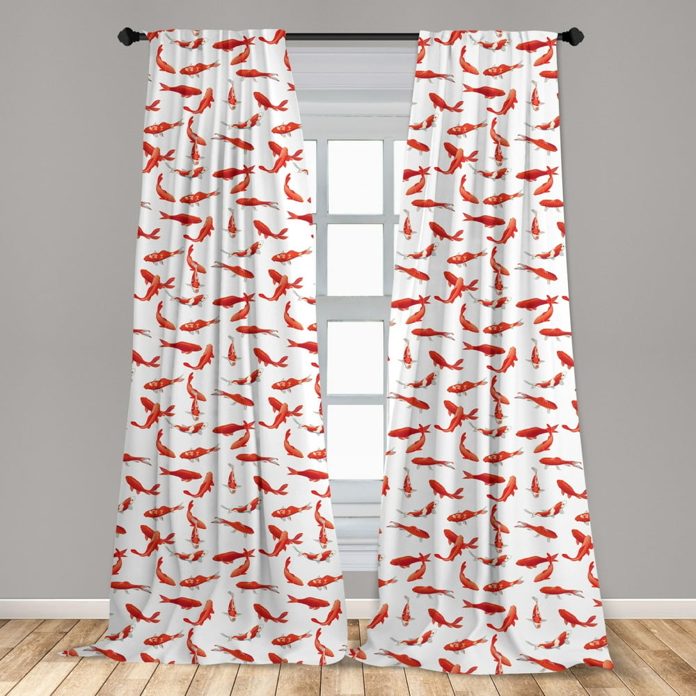 Koi Fish Curtains 2 Panels Set, Eastern Japanese Exotic Koi Fish Common Carp Calm Water Garden