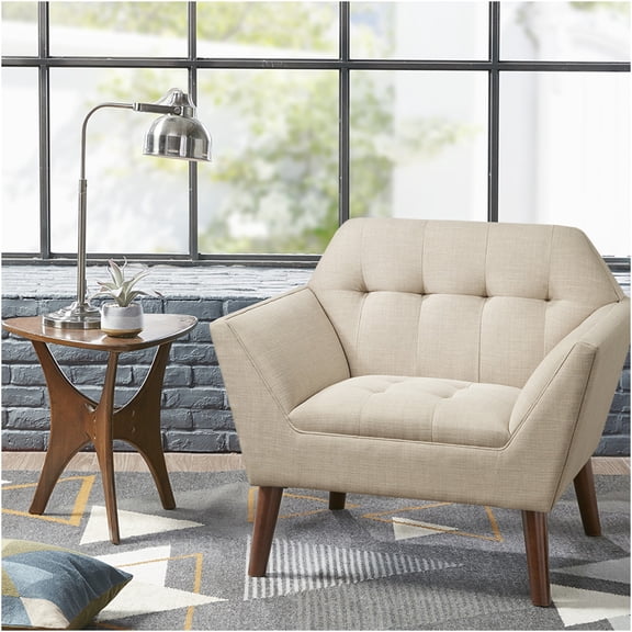 JERFIT Mid-Century Modern Lounge Chair with Button Tufted Upholstery, Beige Polyester Fabric, and Solid Wood Legs
