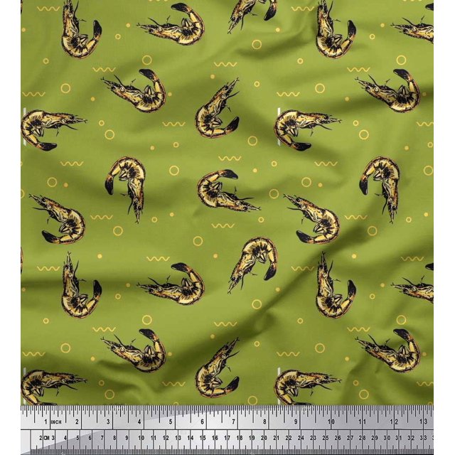 Soimoi Rayon Fabric Circle,Dot & Prawns Ocean Decor Fabric Printed Yard 56 Inch Wide