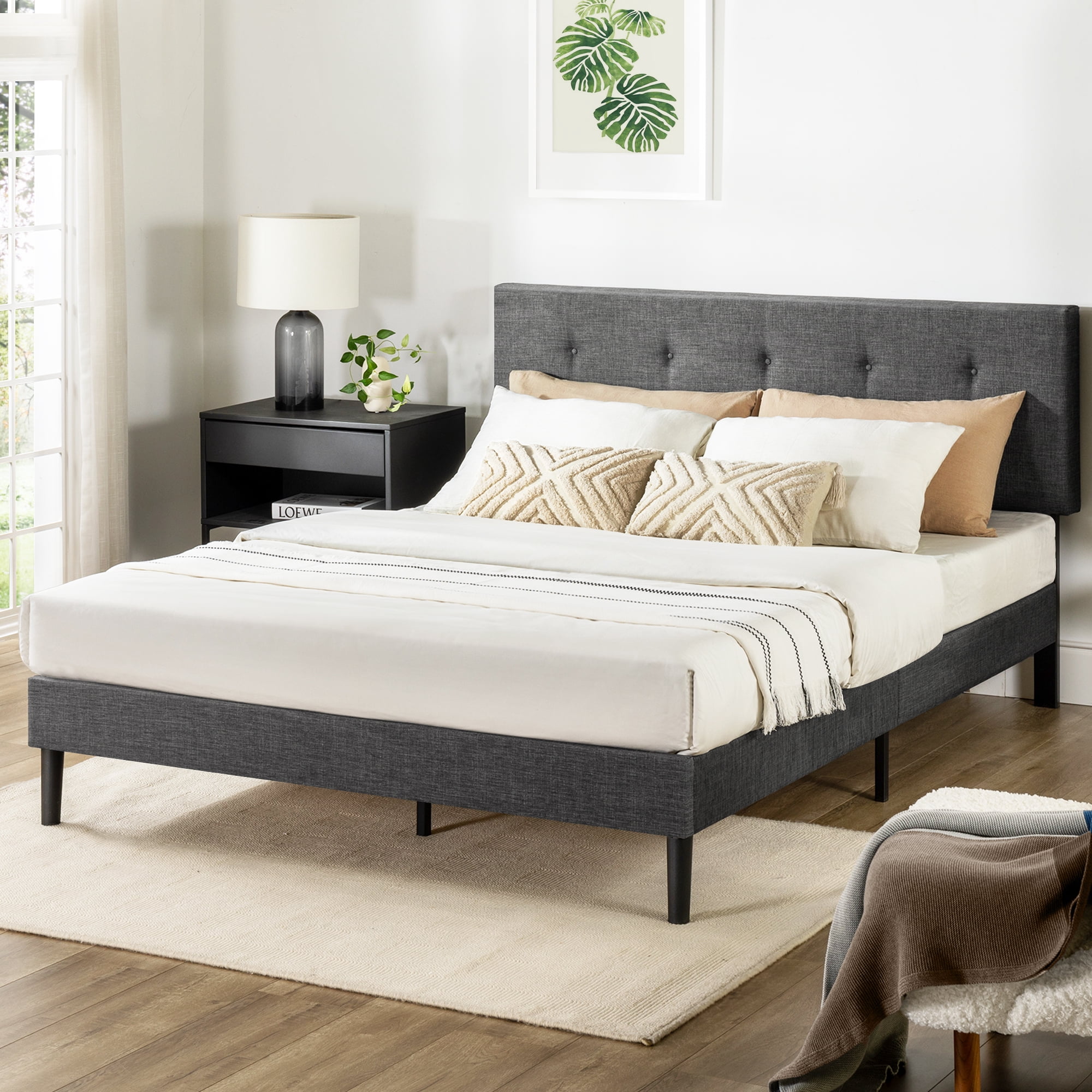 Mellow Nola Upholstered Platform Bed Frame with Headboard, Dark Gray, King