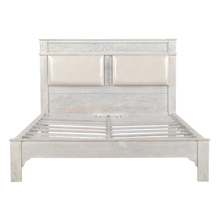 Elegant Victorian Style Hand Carved Solid Wood Queen Bed In Distressed White Washed | Modern Farmhouse Style Queen Bed With Head Cushion