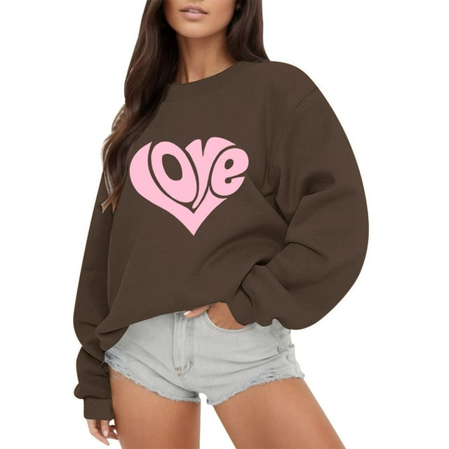 WEAIXIMIUNG Sweat-Shirt Noir pour Femmes Mode Extérieure Imprimé Saint-Valentin Ample Col Rond Manches Longues Hoodie 6