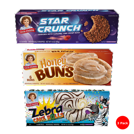 Little Debbie Snack Cake Combo (3 Pack) – Honey Buns - 6 Buns, Star Crunch - 12 Cookies, Zebra Cake Rolls - 6 Cake Rolls (All Individually Wrapped)