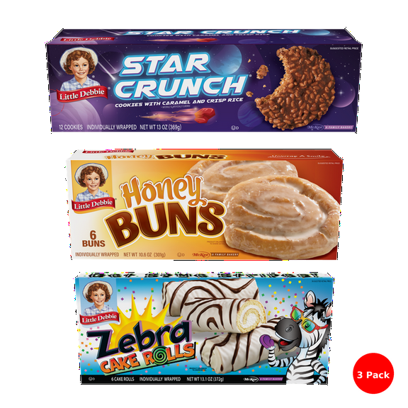 Little Debbie Snack Cake Combo (3 Pack) – Honey Buns - 6 Buns, Star Crunch - 12 Cookies, Zebra Cake Rolls - 6 Cake Rolls (All Individually Wrapped)
