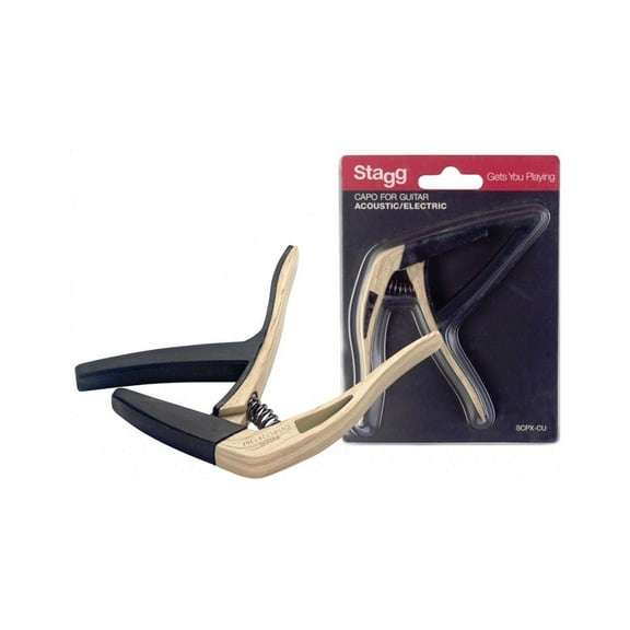 Stagg 23585 Curved Trigger Capo for Acoustic-Electric Guitar, Clear Wood