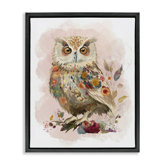 Stupell Industries Owl & Wild Blooms Animals & Insects Painting Black Floater Framed Canvas Art Print Wall Art, 17 x 21