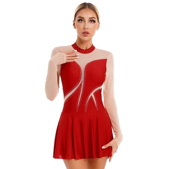 CHICTRY Womens Figure Ice Skating Dress Long Sleeve Gymnastics Leotard Shiny Rhinestone Sheer Mesh Dancewear Red M