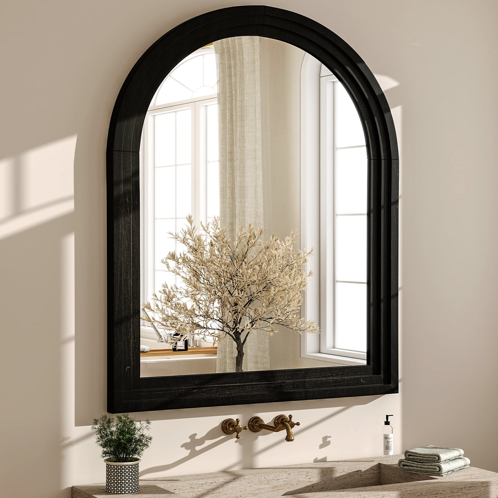 BEAUTYPEAK 30"x40"Arched Bathroom Mirror Wooden Framed Wall Mirror，Black