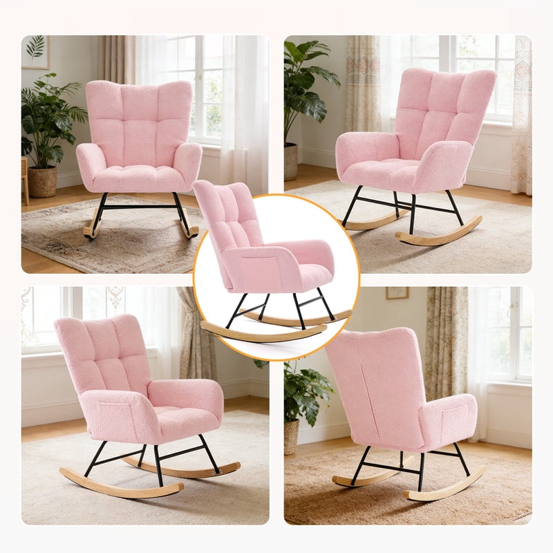 Gianna Rocking Chair with High Backrest, Teddy Upholstered Indoor Reading Glider Chair with Comfy Seat for Bedroom, Living Room, Pink