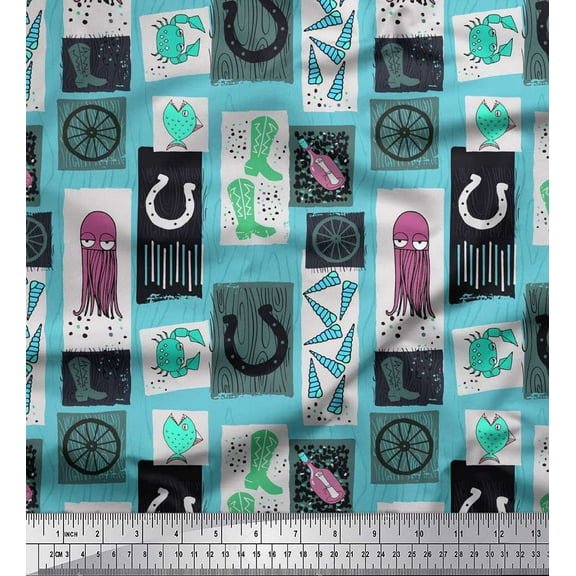 Soimoi Silk Fabric Boots,Jellyfish & Seashell Clip Art Printed Fabric 1 Yard 42 Inch Wide