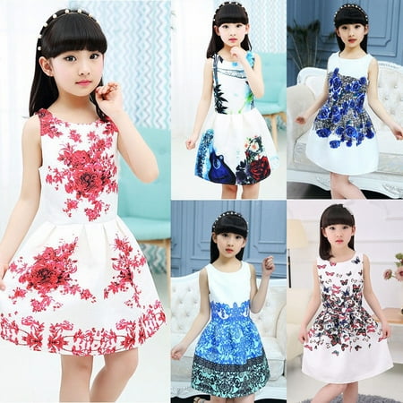 New Sleeveless Kids Girls Princess Floral Dress Summer Party Dress Sundress 5-12T
