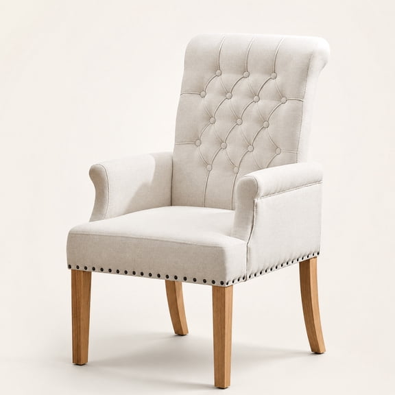 Fabric Dining Chair with Arms, Upholstered Tufted High Back Dining Room Chairs, Accent Armchair with Solid Wood Leg and Nailhead Trim, Kitchen Dining Living Room, Beige