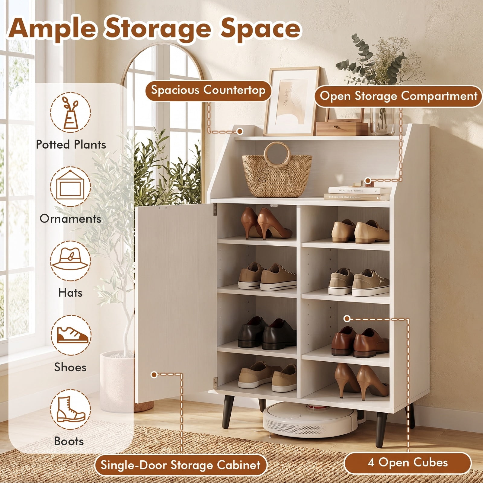 Furnibear Shoe Storage Cabinet with 2 Tier Open Compartment and 4 Tier Adjustable Shelf for Entryway Living Room Closet Bedroom, White