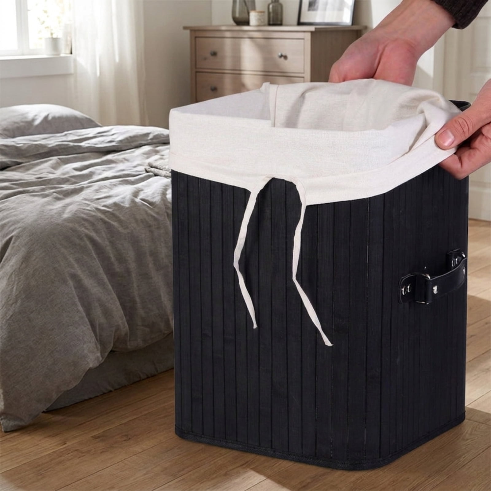 SUGIFT Rectangle Bamboo Laundry Hamper with Lid and Removable Liner, Woven Laundry Basket for Bathroom Bedroom, Black