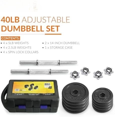 Adjustable Dumbbell Weight Set | Multiple Options Black, 40 LB w/Case, Pair