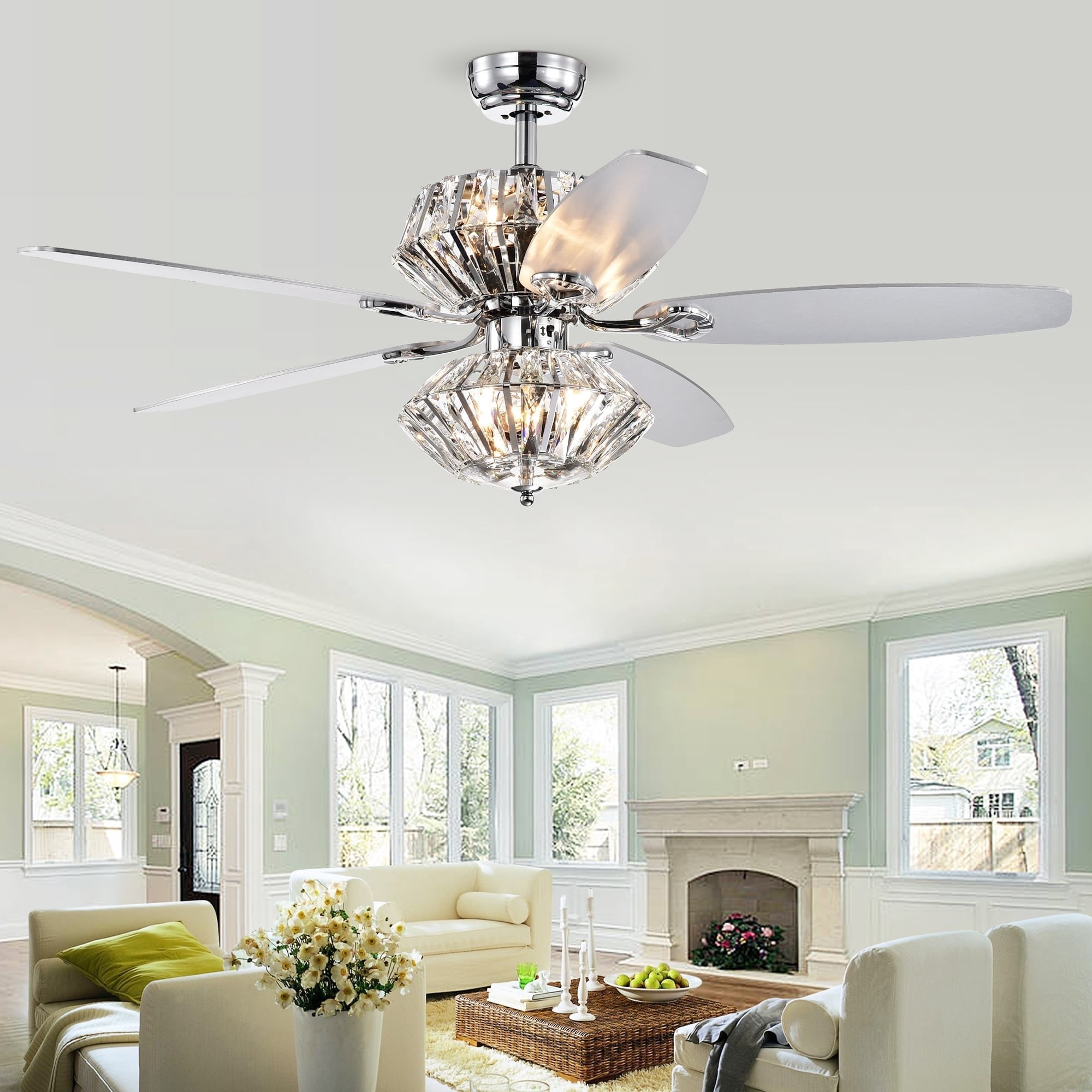 Makore Chrome Dual Lamp 52-inch Lighted Ceiling Fan w Crystal Shades (includes Remote and Light Kit)