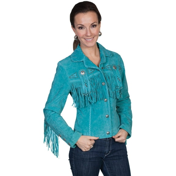 Scully Women's Fringe and Beaded Boar Suede Leather Jacket - L152-86 US Turquoise