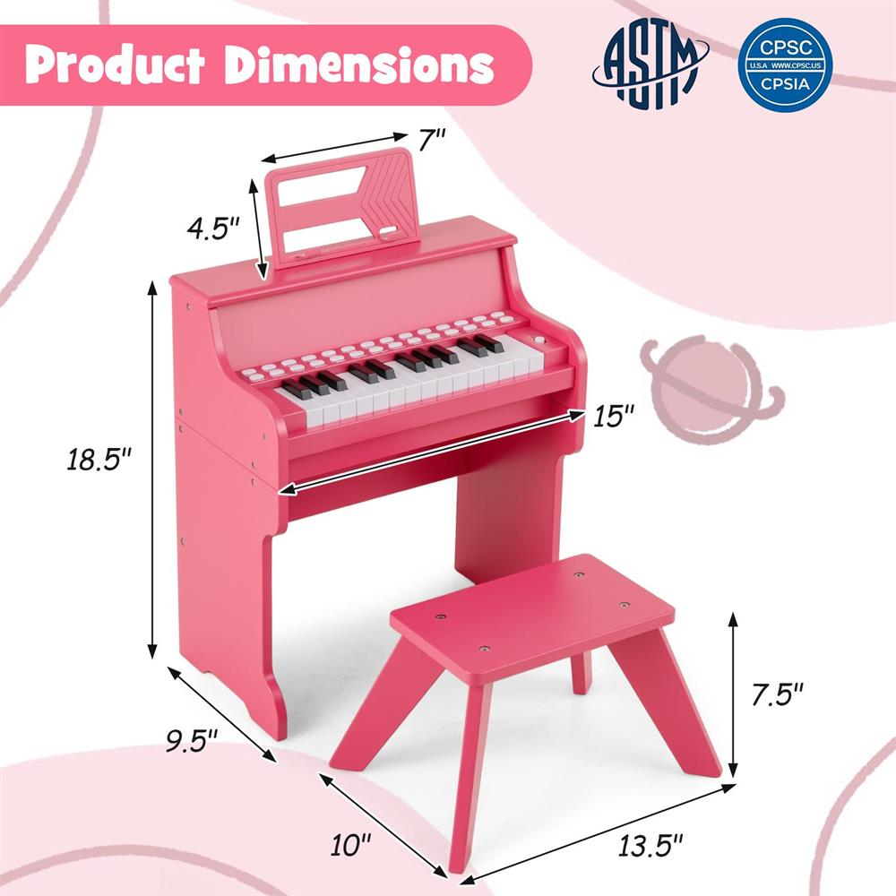 Topcobe 25 Keys Kids Piano Keyboard with Stool Mini Digital Piano Wooden Toy Adjustable Speed/Volume, Keyboard Piano, Music Keyboard-Pink