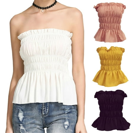 Cinched Bandeau Top - Summer Women Sexy Off-shoulder Tube Crop Tops Strapless Bandeau Tank Vests White One size