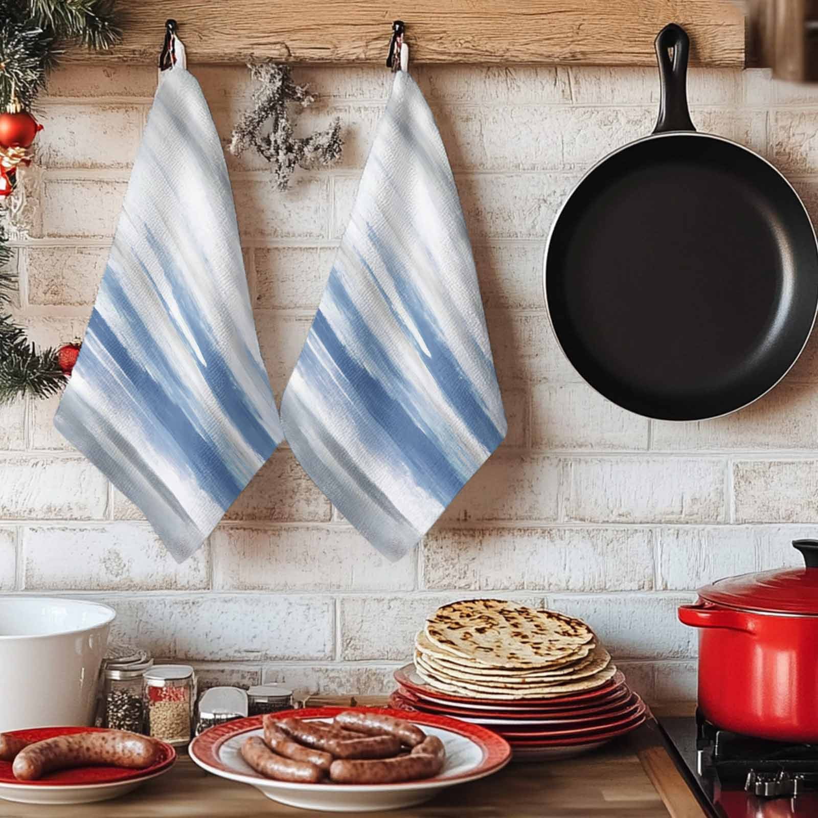 Blue Gray White Kitchen Towels Set of 2, Modern Abstract Mottled Aesthetic Absorbent Dish Towels for Kitchen, Microfiber Hand Towel, Quick Drying Tea Towel for Cleaning Decorative Dishcloths