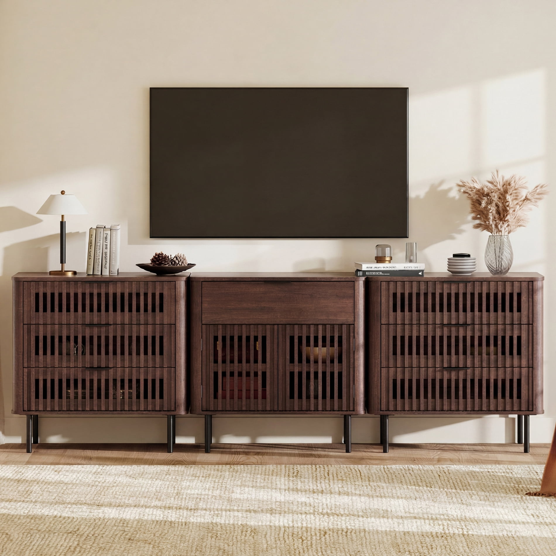 94.5 Inch Large Fluted Buffet Cabinet Sideboard with Storage, Pop-Up Doors & Adjustable Shelf, Wood Modern Accent Coffee Bar Console Table with Drawers for Kitchen, Living Room, Walnut