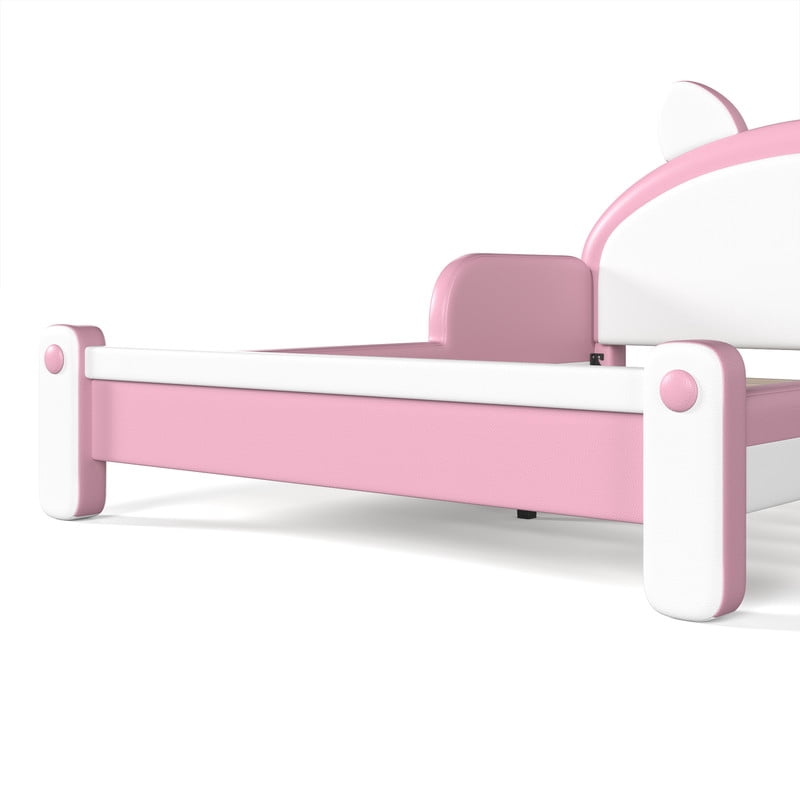 Full Size Kids Platform Bed with Cartoon Cat-Shaped Headboard, Upholstered PU Leather Princess Bed, Low Profile Child Bed Frame