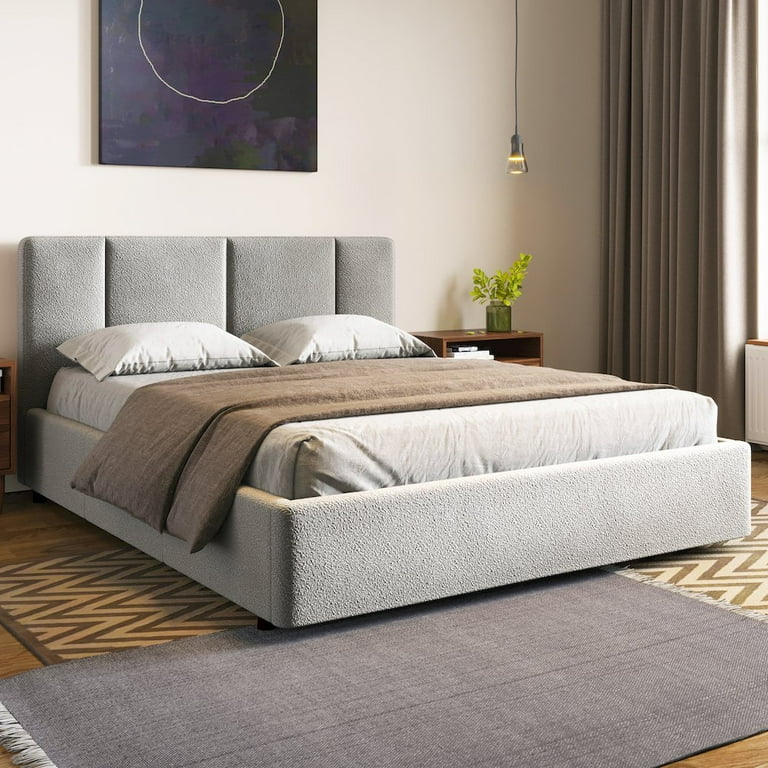 キューブリック　ヴィンセント&オールドボブ& MAXIMILIAN Venice Upholstered Platform King Bed, Gray Boucle Fabric