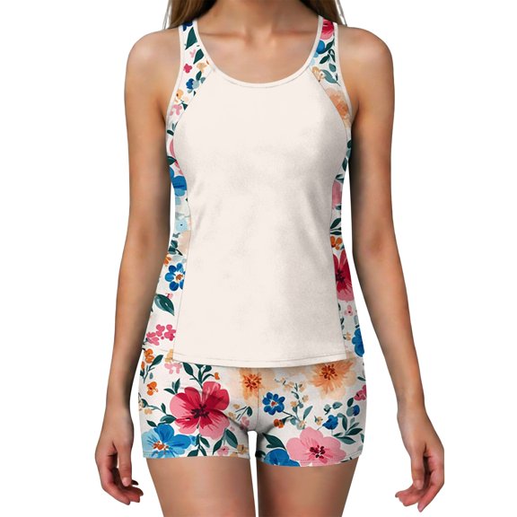 Nmnitkp Tankini Swimsuit for Women Floral Modest Two Piece Bathing Suit Scoop Neck Tummy Control Swim Tank Top with Boy Shorts and Padded