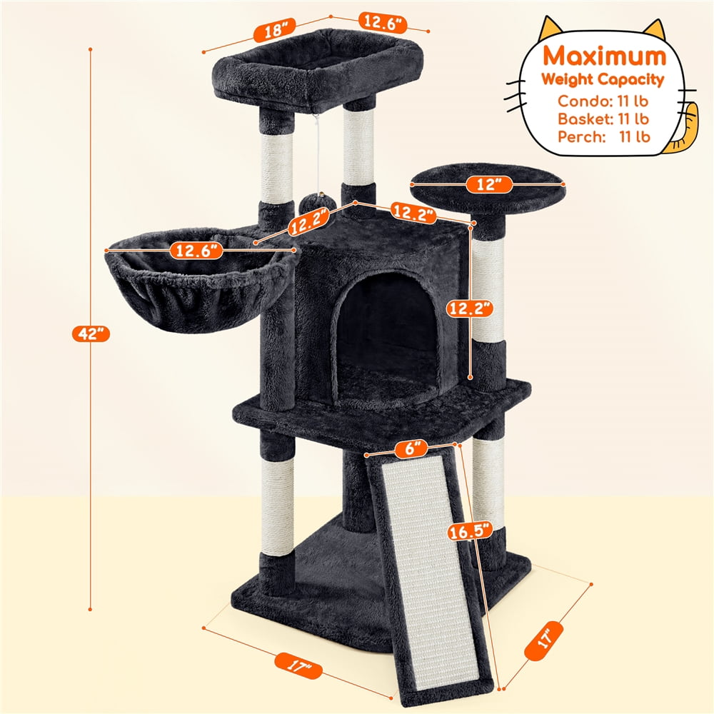 Yaheetech 42inch Cat Tree with Condo Basket Perch Platform, Black