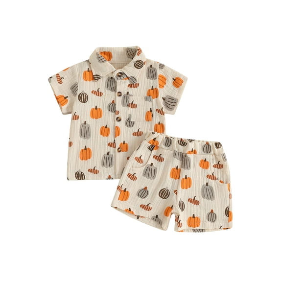 BemeyourBBs Boys Halloween Outfits Pumpkin Print Button T-Shirt and Elastic Shorts