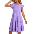 thumbnail image 5 of Big Girls Dresses Solid Color Round Neck Puff Sleeve Kids Party Outfit Girls Beach Dress Size 10-11T, 5 of 6