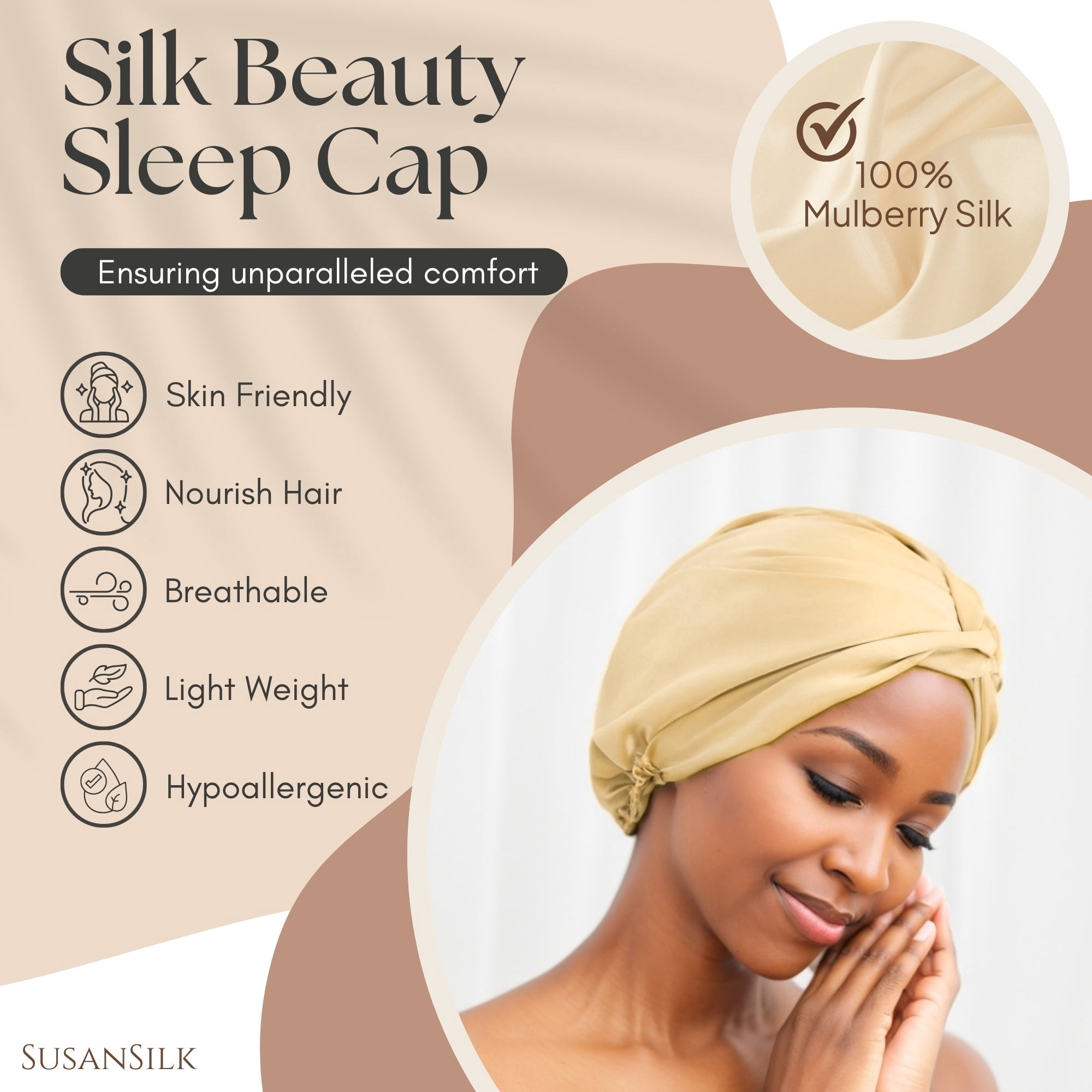 SusanSilk Premium Double-Layered Mulberry Silk Bonnet Cap with Twist Flower Design