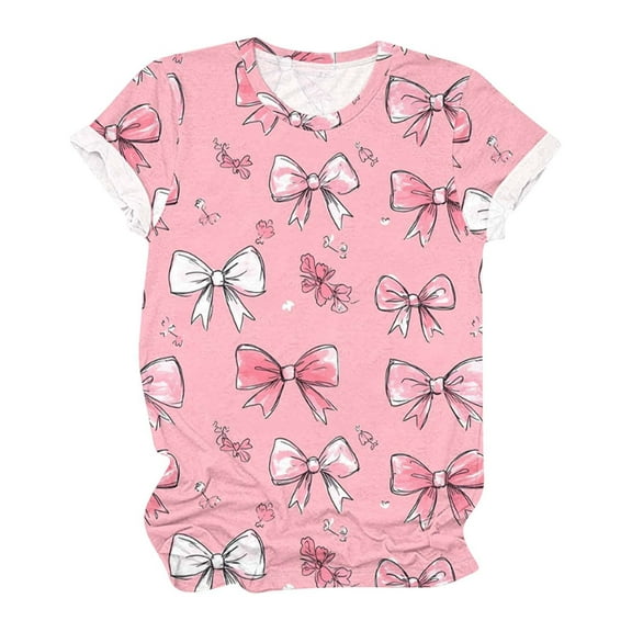 miqiqism Women Cute Heart Shirts Trendy Bow Short Length Sleeve Tshirts Teen Girls Casual Round Neck Pullover Tops Juniors Summer Loose Tunic Outfit Valentine's Day,#01_Multicolor,XXL
