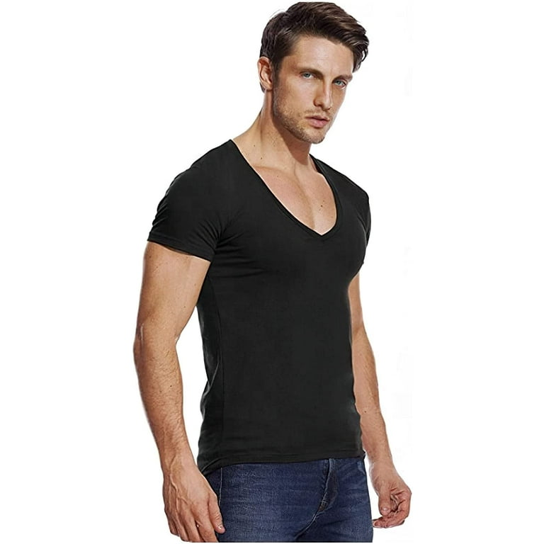 Classic Deep V Neck T Shirt for Men, Quick Dry and High Elastic Low Cut tee  for Casual 