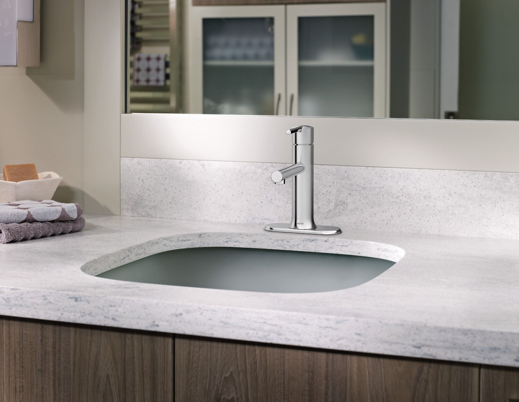 Moen Arlys Single Handle Modern Chrome Bathroom Faucet with Deck Plate