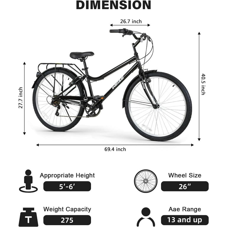 Beach Cruiser Bike, 26 inch Commuter Bicycle for Adult Men and Women, 7-Speed/High-Carbon Steel/Front & Rear Fenders, Comfortable City Bikes with Rear Rack or Basket, Ergonomic Upright Design