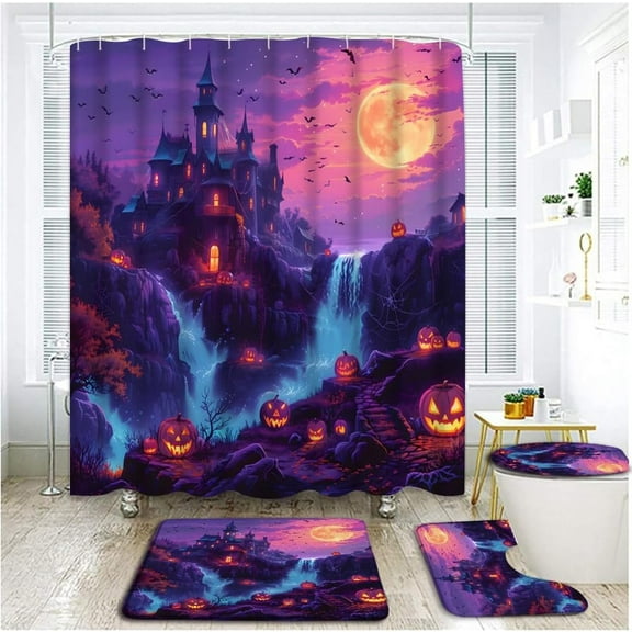 4 Piece Purple Halloween Castle Shower Curtain Set with Rugs, Toilet Lid Cover,Gothic Spooky Haunted House Wonderland Tropical Waterfall Night Moon Pumpkin Bat Bathroom Shower Curtain with Hooks