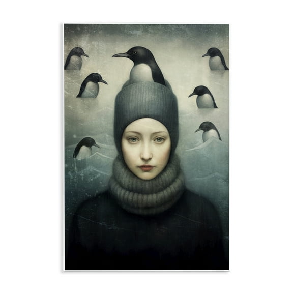 Stupell Industries Peeking Penguins & Woman People Painting Unframed Art Print Wall Art, 10 x 15