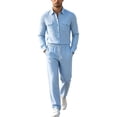 thumbnail image 3 of GrmtClth Linen Blend 2 Piece Suits For Men Button Down Long Sleeve Overshirt Elastic Drawstring Waist Straight Pants Side Pockets Beach Casual Matching Outfit Sky Blue XL, 3 of 7