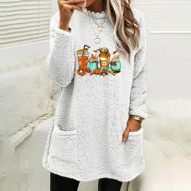 Hauts pour Femmes, Blouse à Manches Longues, Col Rond, Ample, Imprimée, avec Poche, Chaude, en Liquidation